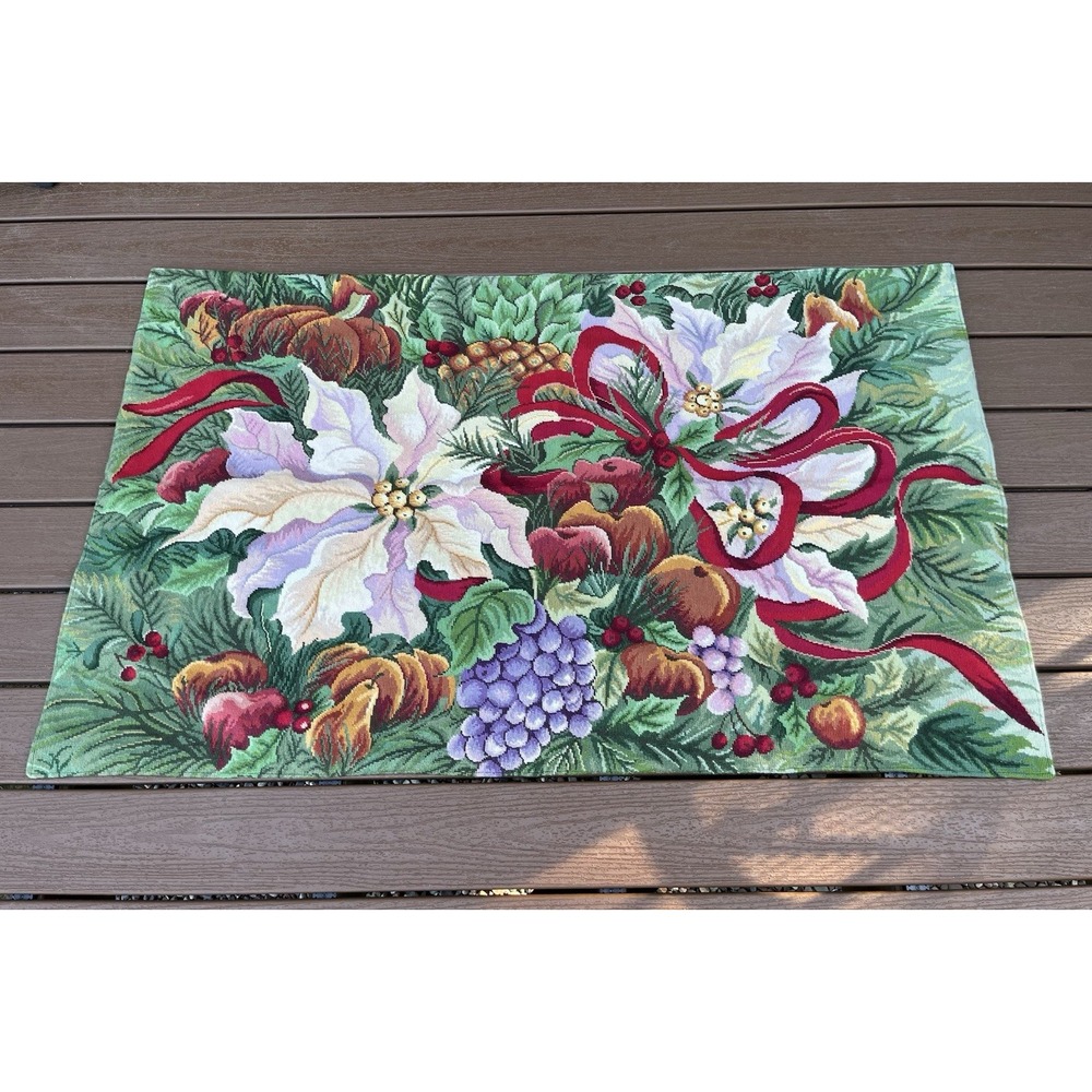 Holiday Tapestry Rug 3'x5' 100% Wool Needlepoint Poinsettia Floor Mat Christmas